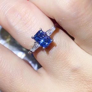 1 Carat Moissanite Platinum-Plated Rectangle Ring in Blue